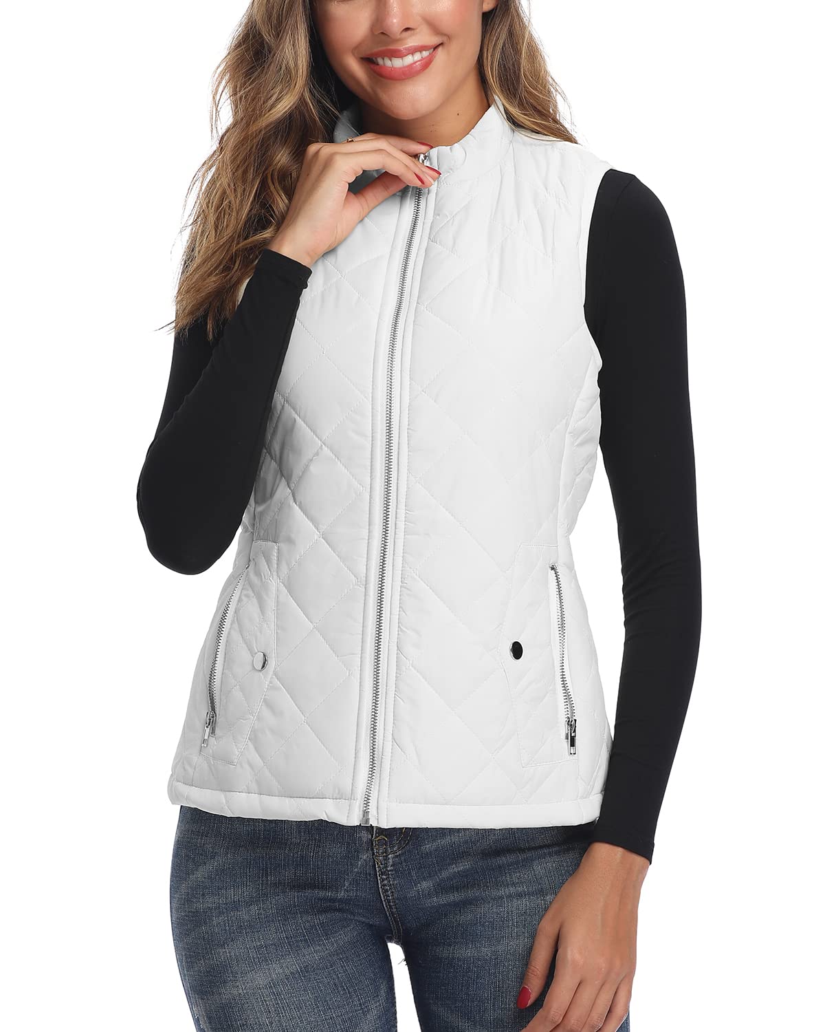 LONGKING Women's Vest - Stand Collar Lightweight Zip Quilted Vest for Women, Pure White, Medium