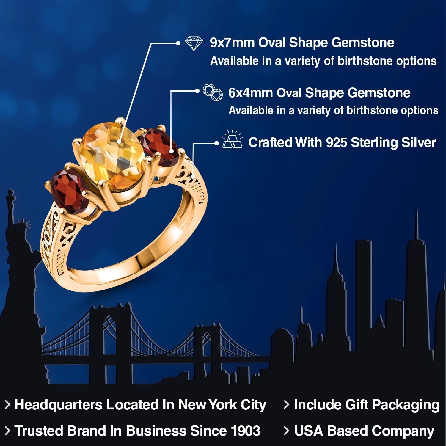 Gem Stone King 18K Yellow Gold Plated Silver Yellow Citrine and Red Garnet Ring For Women (2.70 Cttw, Gemstone Birthstone, Size 7)