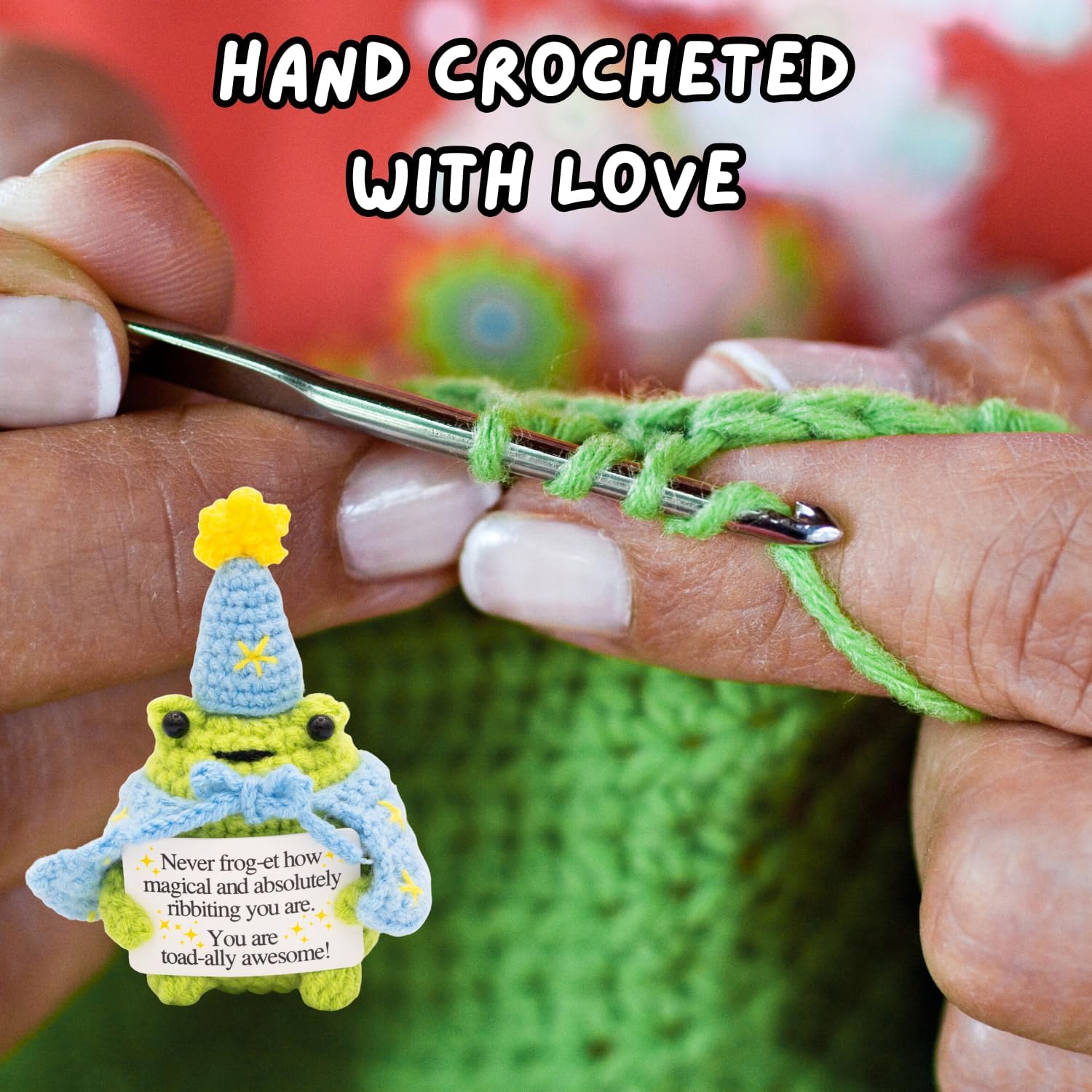 Handcrafted Crochet Magical Frog Lover Doll, Small Decorative Plush Figure, Yarn Material, Wizard Witch Theme, Inspirational Signs, Stocking Stuffer for Her Women