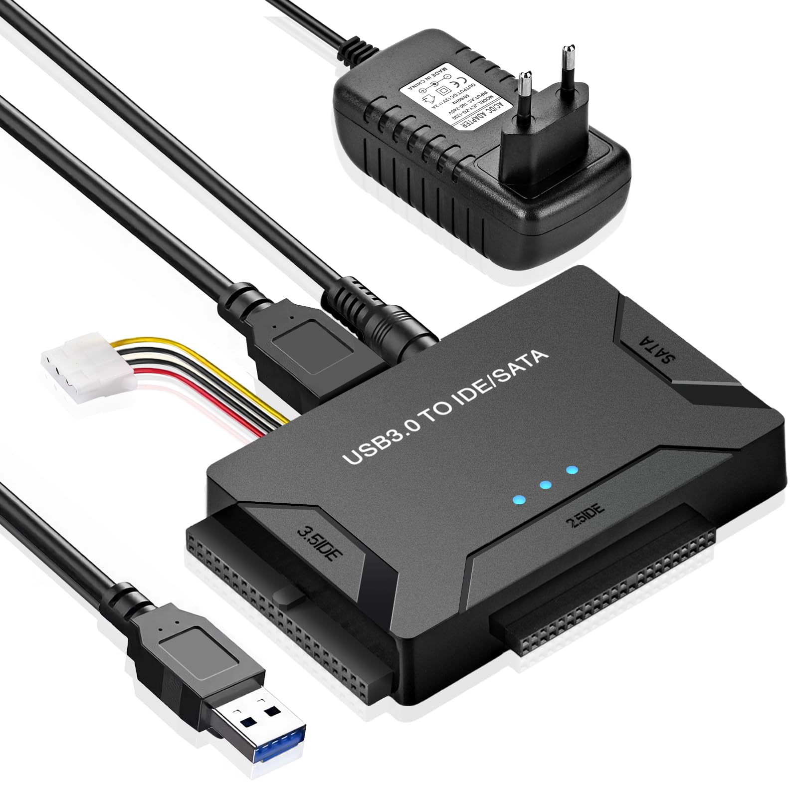 Amtake Adattatore USB 3.0 A IDE/SATA – Per HDD 2.5/3.5 Pollici, Fino A 6TB, Con Doppia USB-A/C E Alimentazione 12V/2A