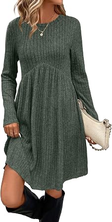OFEEFAN Long Sleeve Dress for Women Crew Neck Empire Waist Tunic Dress with Pockets
