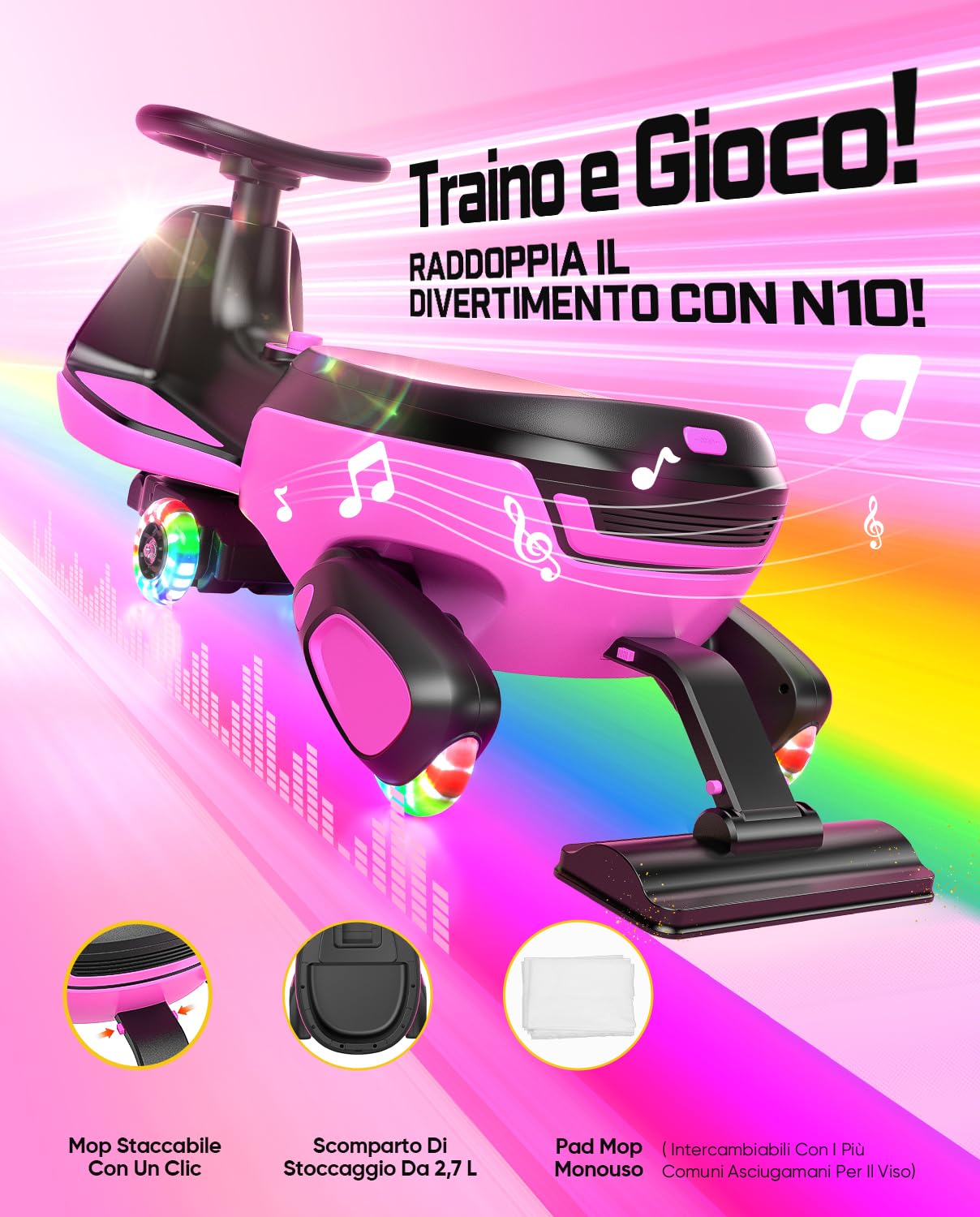FanttikRide N10 Classic Macchina Elettrica per Bambini, Mop Rimovibile