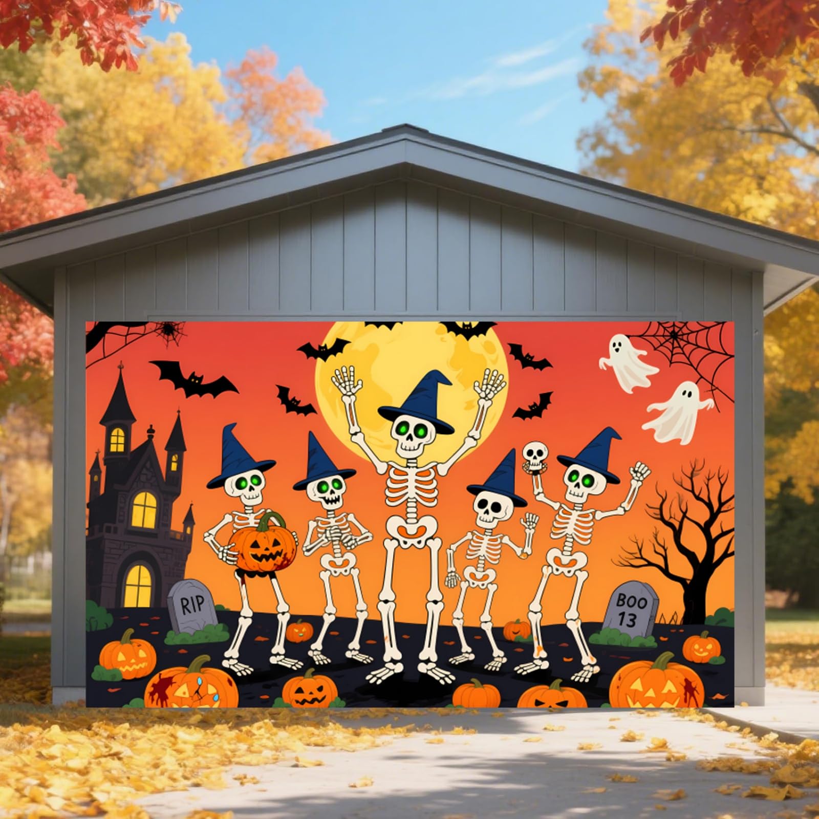 Decorazioni di Halloween per la Porta del Garage, Grande Striscione Happy Halloween da Appendere, Decorazioni per Esterni, Sfondo per Feste in Famiglia, Raduno di scheletri, 7x16