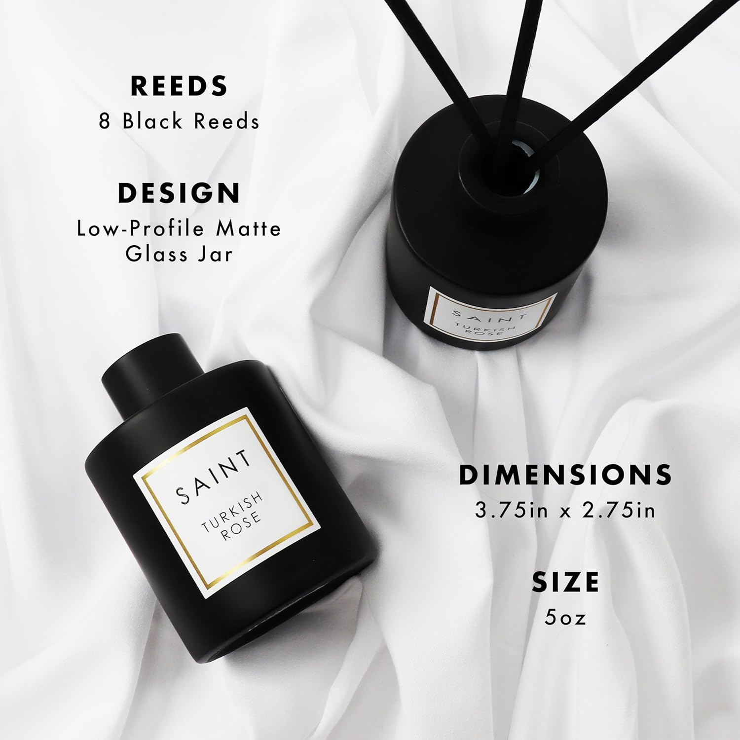 SAINT Reed Diffuser, Aromatherapy Diffuser Set with Scent Diffuser Sticks, Long-Lasting Oil Diffuser in Matte Black Glass Jar, Aroma Diffuser for Home, Bedroom, or Bathroom, 5oz, Turkish Rose