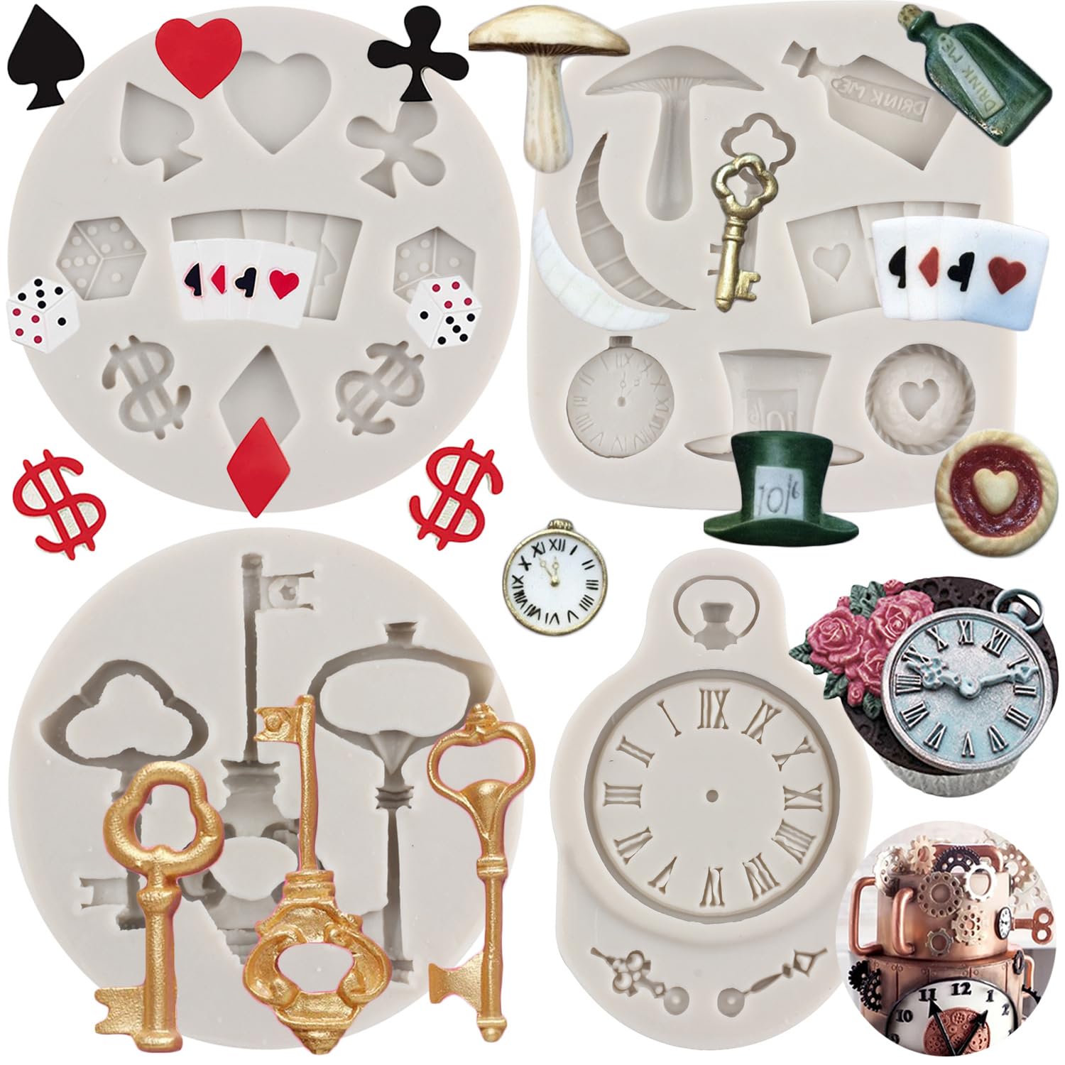 MYPRACS Poker Silicone Moulds Alice Wonderland Hat Fondant Mould Vintage Key Clock Moulds Playing Cards Candy Moulds for Cake Decorating Cupcake Topper Chocolate Gum Paste Polymer Clay Set of 4