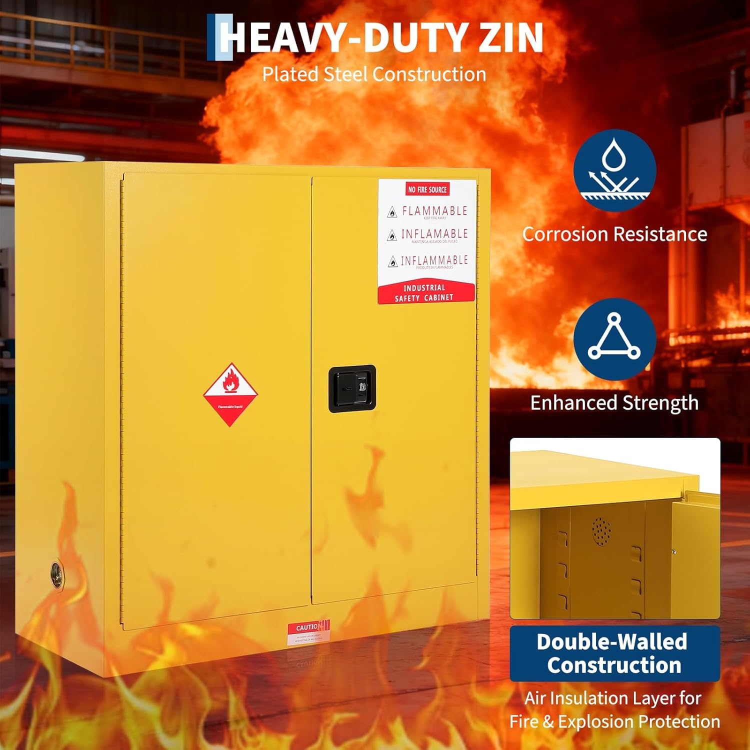 Flammable Storage Cabinet for Hazardous Materials, Fire Resistant Safety Cabinet for Flammable Liquids, Cold Rolled Steel with Spill Containment Sump, Ventilation Holes, Ground -45 Gallon Capacity