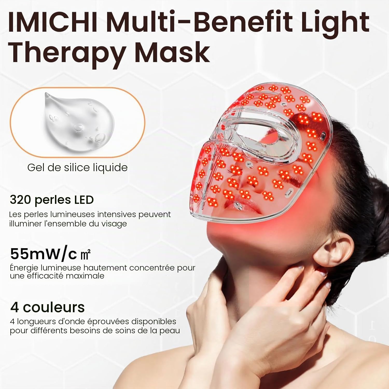IMICHI Masques faciaux LED en silicone pour la luminothérapie - 320 LED - 4 couleurs - Masque de luminothérapie pour anti-âge, rajeunissement, raffermissement, lumière rouge - Pour tous les types de