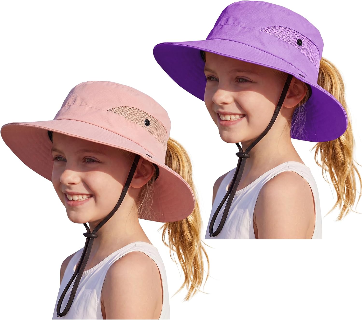 Zando 2 Pack Girls Sun Hat Ponytail Hole UPF 50+ Kids Wide Brim Beach Bucket Hat Adjustable Bucket Hats Summer Fishing