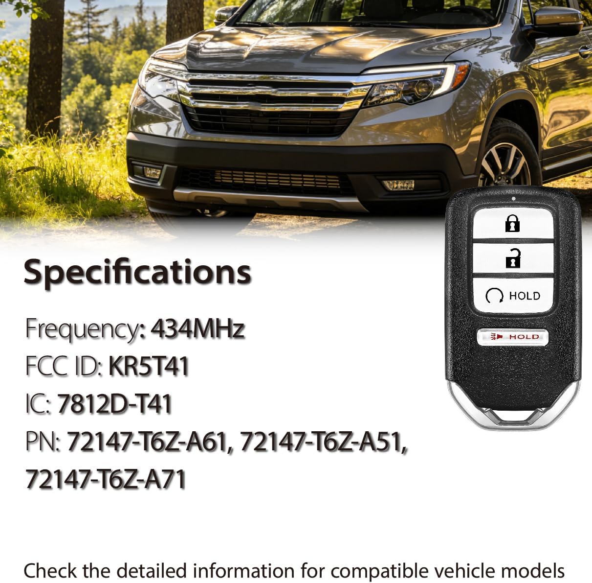 Replacement for 2017 2018 2019 2020 Honda Ridgeline Key Fob KR5T41 434MHz 4 Buttons