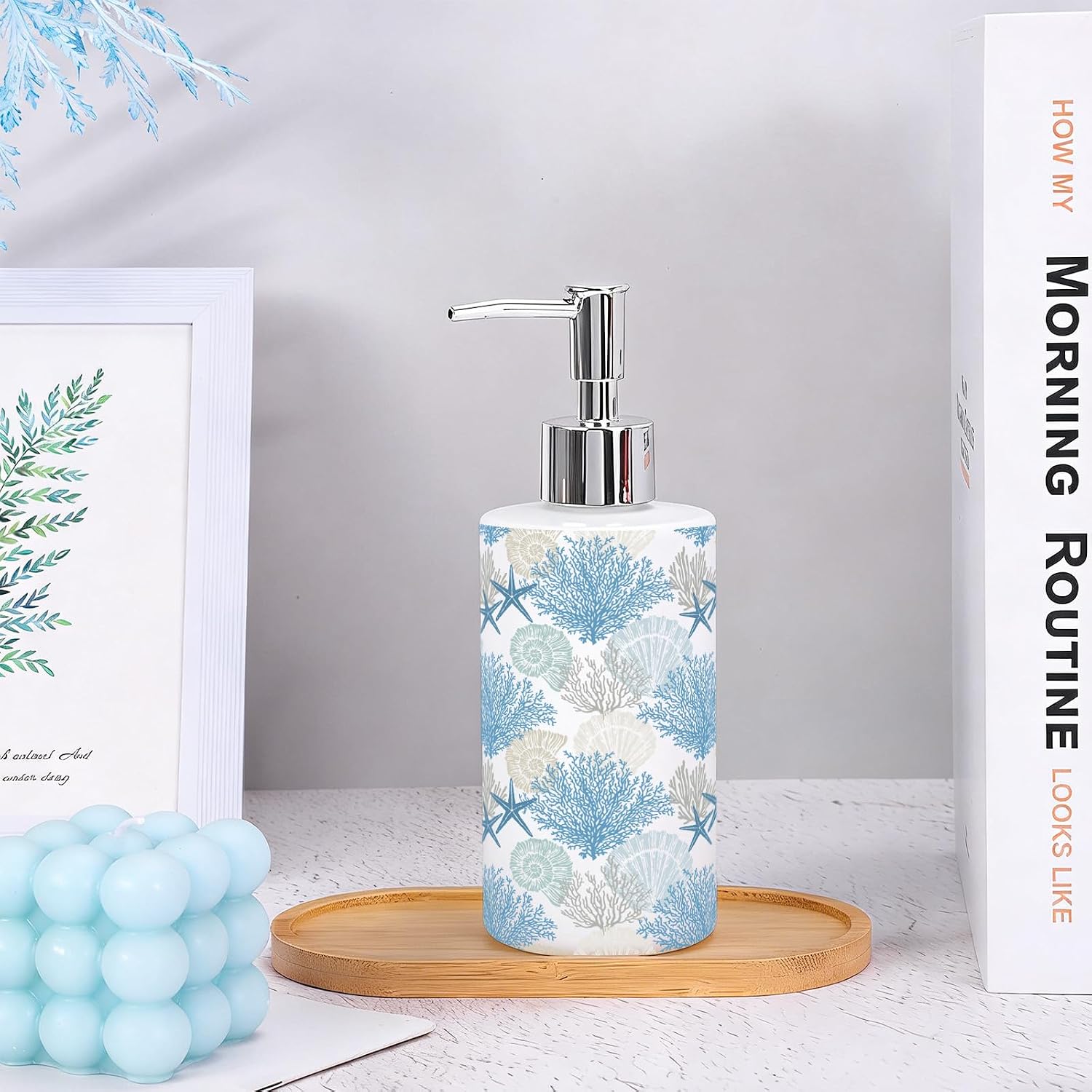 FYSUIMU Summer Soap Dispenser Refillable Liquid Container Blue Ocean Coral Starfish Seashell Glass Soap Dispenser with Pump for Bathroom Kitchen Countertop Decor