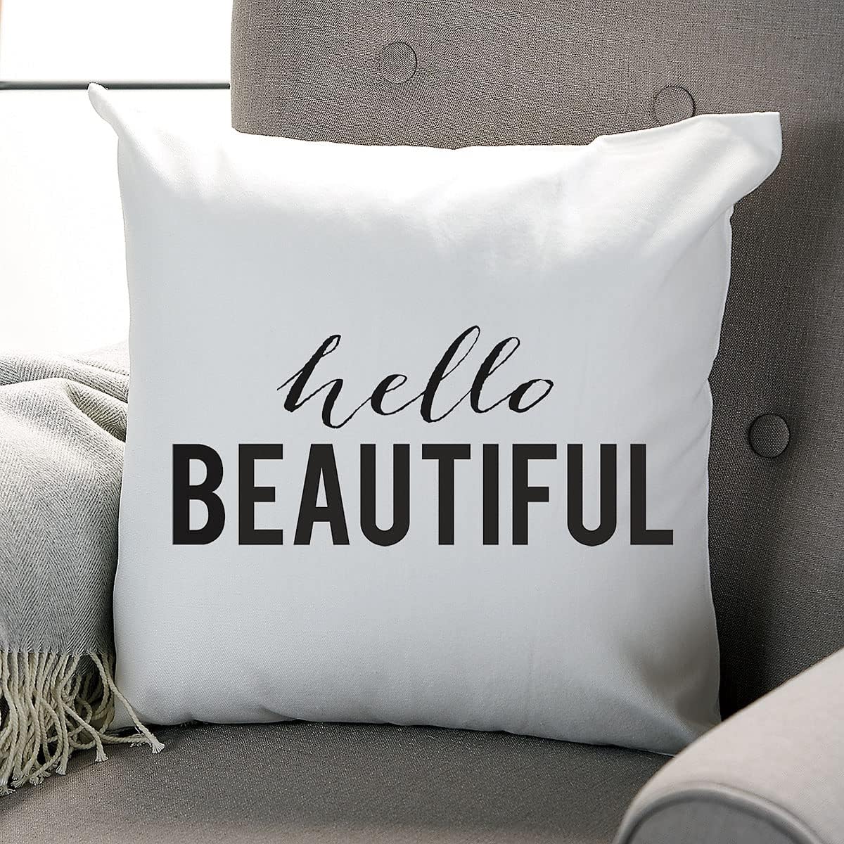 Lillian Vernon Hello Beautiful Accent Pillow, Printed 18 x 18-Inch Cotton Burlap Decorative Pillows, Wedding, Mothers Day, Valentine, Anniversary, & Birthday Gifts, Bedroom & Living Room Decor