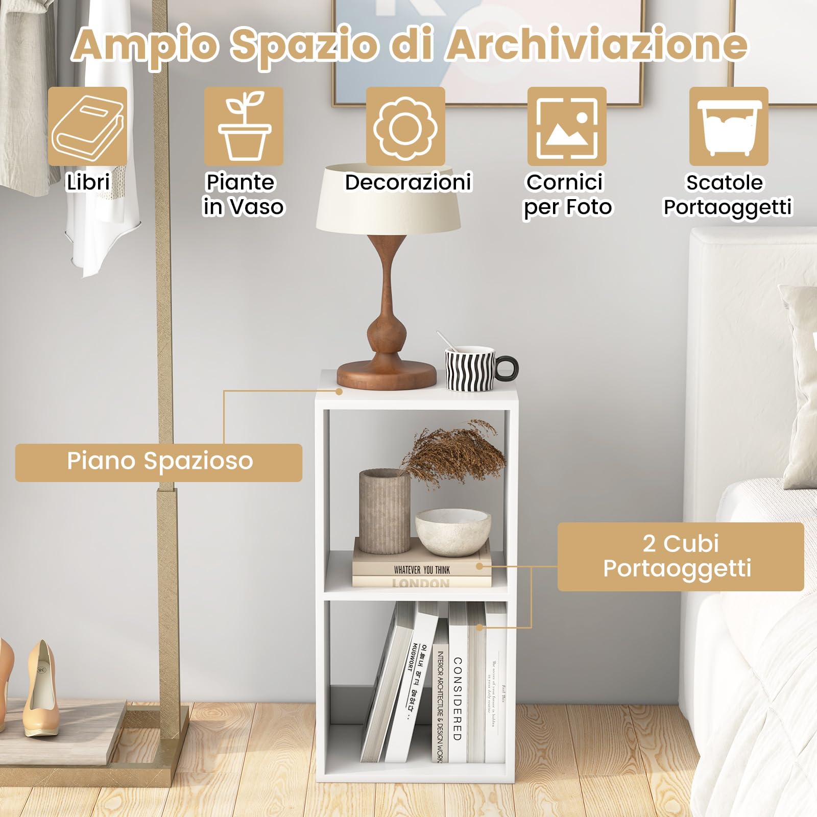 RELAX4LIFE Libreria a 2 Cubi, Scaffale Verticale Moderno con 3 Ripiani Aperti, Organizer di Stoccaggio Autoportante con 2 Kit Antiribaltamento per Soggiorno, Camera da Letto Bianco