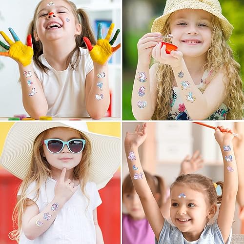 Miniatura 2 de Tatuajes temporales de unicornio brillante para niños, calcomanías de dibujos animados impermeables con nuevo diseño de purpurina arcoíris para