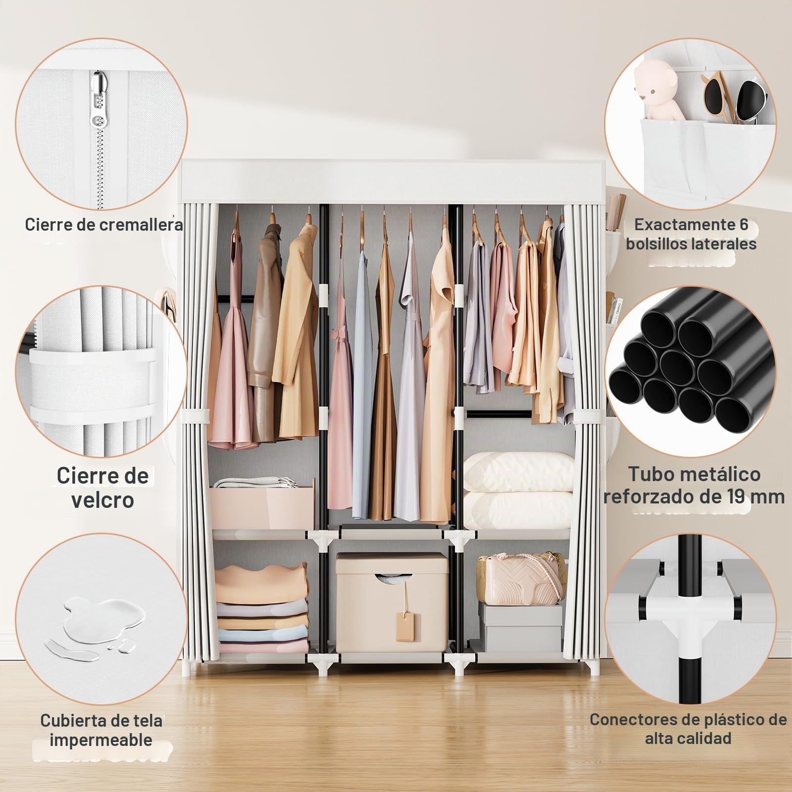 Vicye Armario de Ropa, Armario de Tela, armarios con Tapa, 3 Barras para Colgar, 6 estantes de Almacenamiento y Bolsillos Laterales, Tubo de Metal de 19 mm de diámetro, para Dormitorio, Blanco