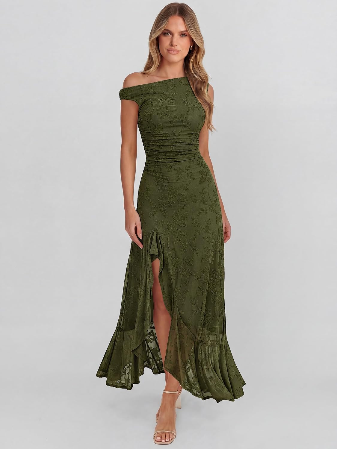 Caracilia Womens Summer Off Shoulder Formal Dress Floral Mesh Bodycon Ruched Split Cocktail Wedding Guest Party Maxi Dresses