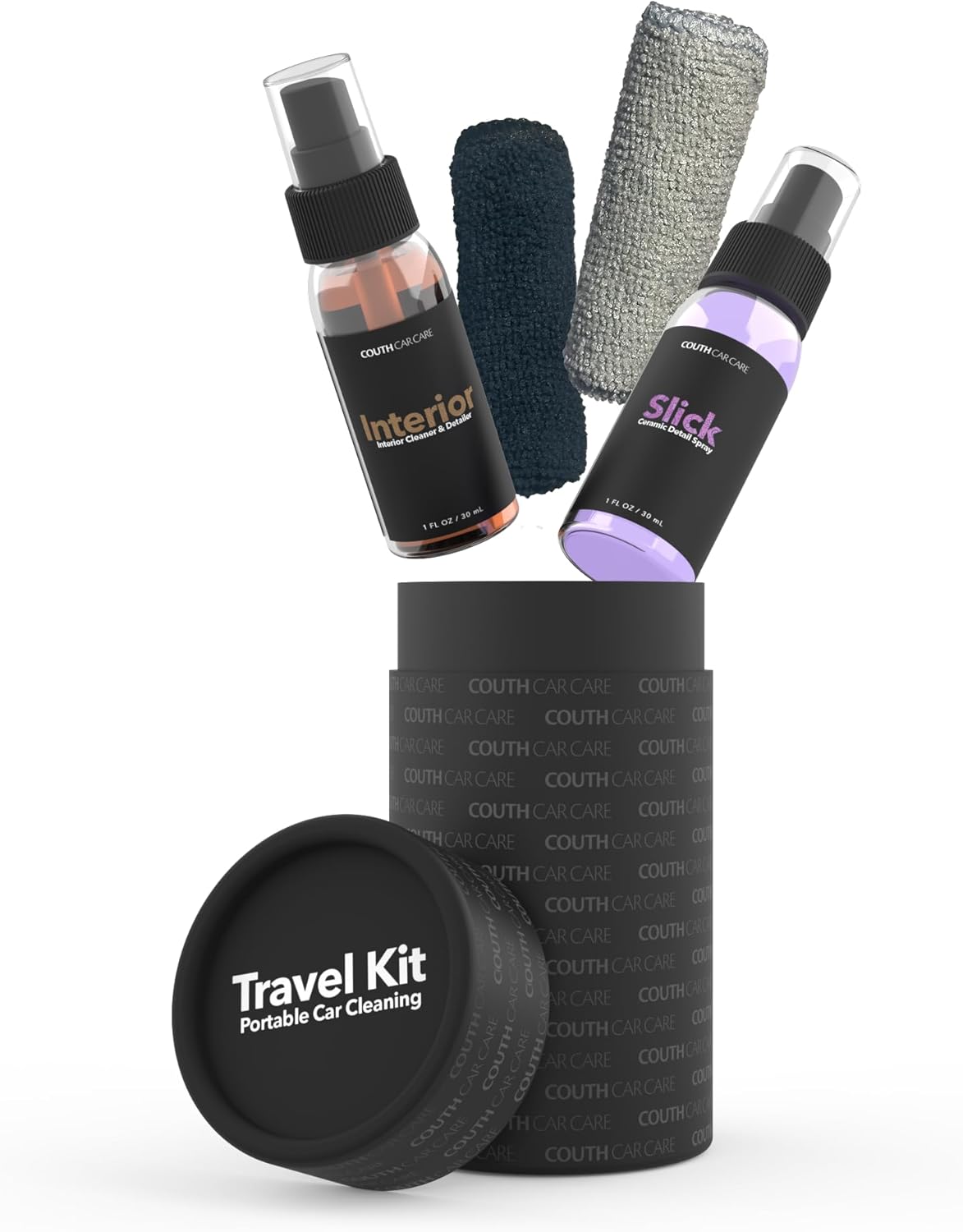 CouthCarCare Travel Kit: Portable Car Cleaning Bundle w/ pH-Neutral Interior Cleaner, Ceramic Exterior Detailer & Microfiber Towels - 4pc