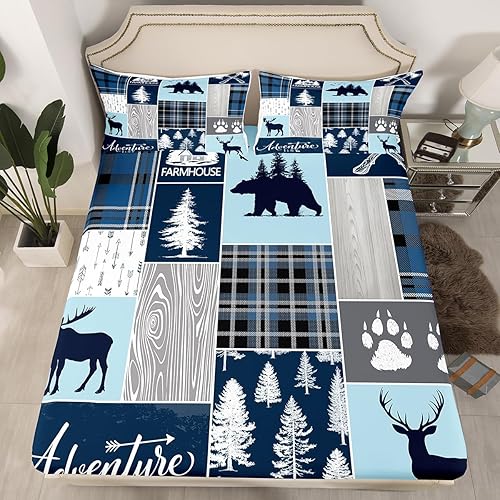 Miniatura 2 de Sábana bajera ajustable de oso de caza, juego de ropa de cama a cuadros de búfalo, sábanas de retazos de cabaña rústica para niños, niños, Multi