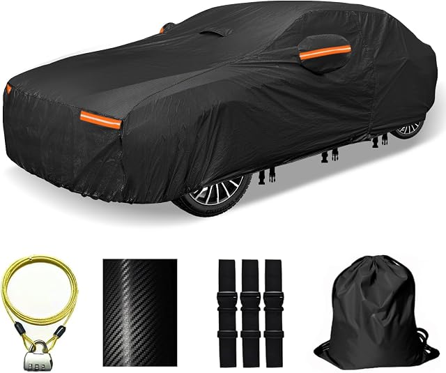 30 Couverture de voiture de couches pour les automobiles Tous les temps imperméable, extérieur anti-neige UV Protection coupe-vent, fermeture à glissière de porte, coton doux, housses universelles de voiture de poids lourd, (Noir, Sedans d'ajustement 171"-180")