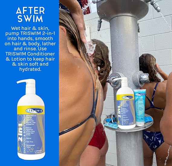 TRISWIM 2-in-1 Chlorine-Out Shampoo & Body Wash 32oz | Chlorine Removal Shampoo and Body Wash for Swimmers | Removes Chlorine, Saltwater, Hard Water, Copper & Green Tint | Tear-Free, Vegan, No Paraben