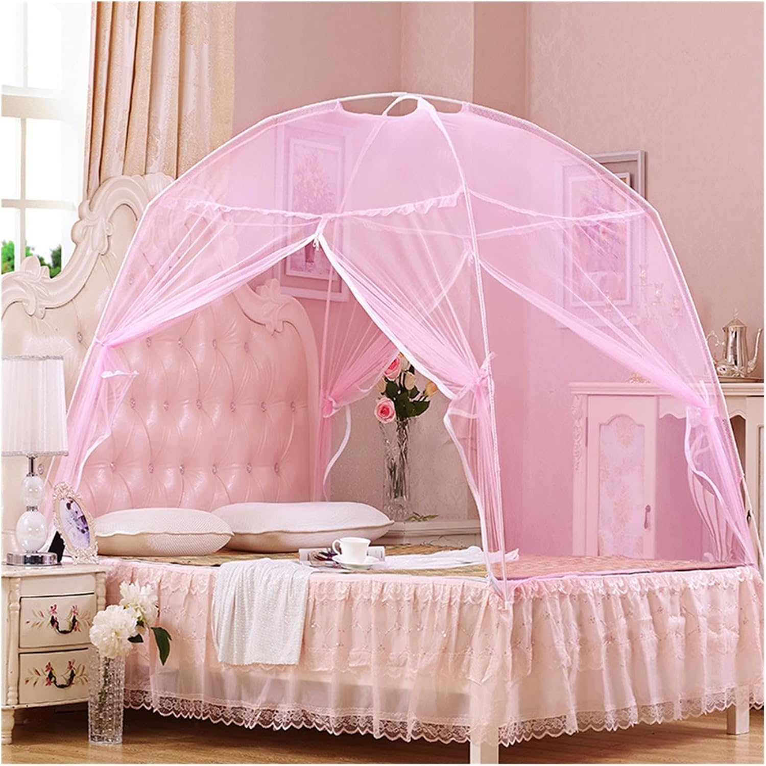 Pop Up Mosquito Net for Beds, Foldable Yurt Canopy Screen, Double Door Mosquito Protection, Pink, 150x200x135cm, Ideal for Dorms & Camping