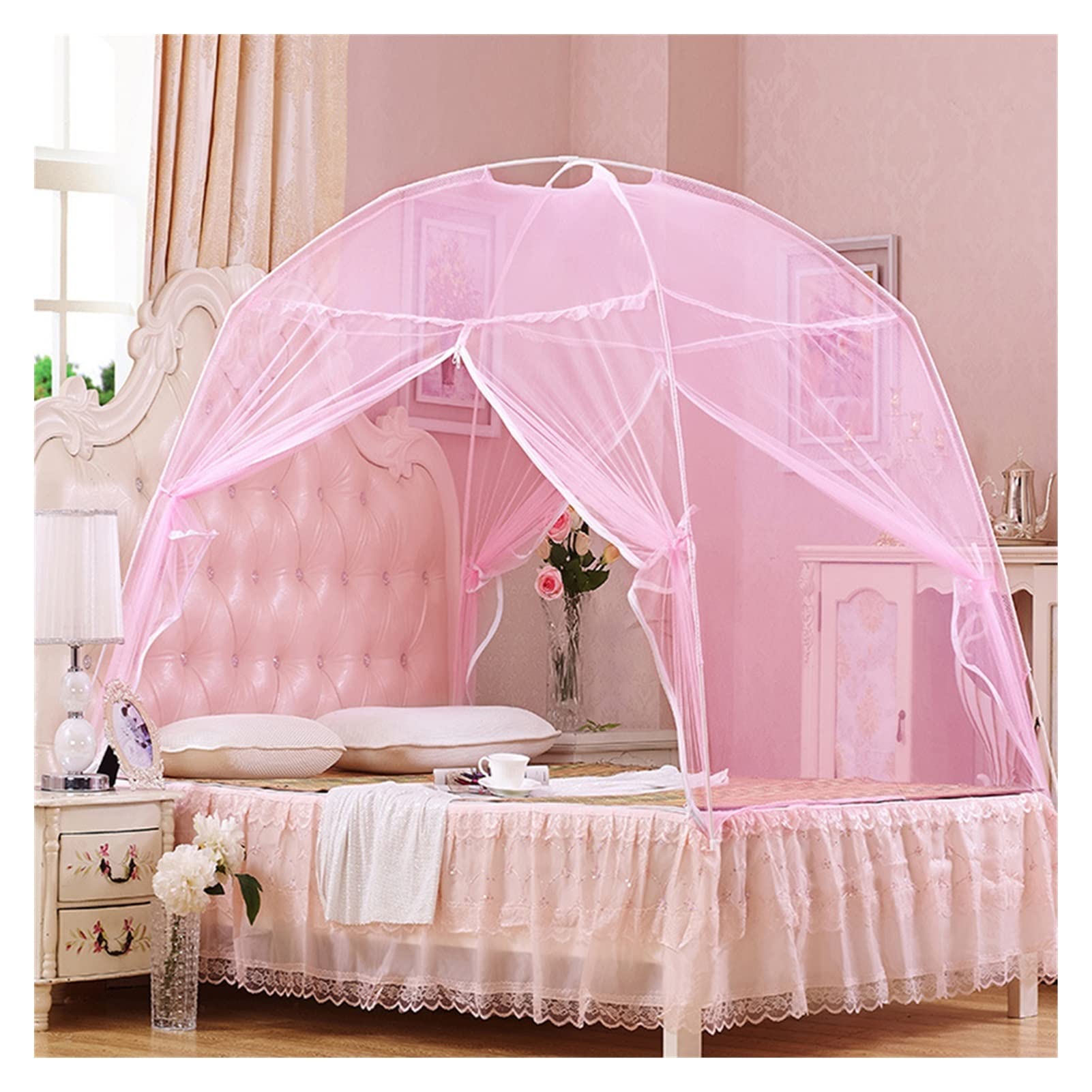 Moustiquaire pop up lit double 150x200cm yourte pliable rose OKUOKA