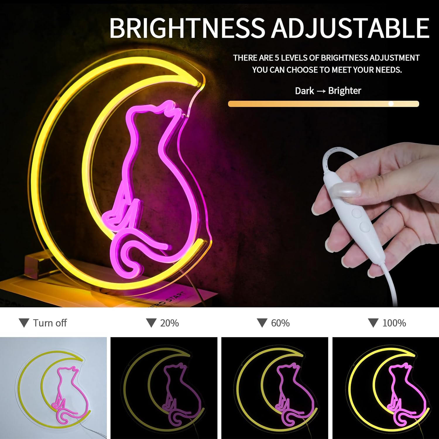 Moon Cats Neon Sign for Wall Decor Dimmable Cute Cat Led Light Signs for Room Decor Pink Yellow Neon Light for Living Room Bedroom Bar Cafe Party Dorm Decoration Gift for Kids Girls