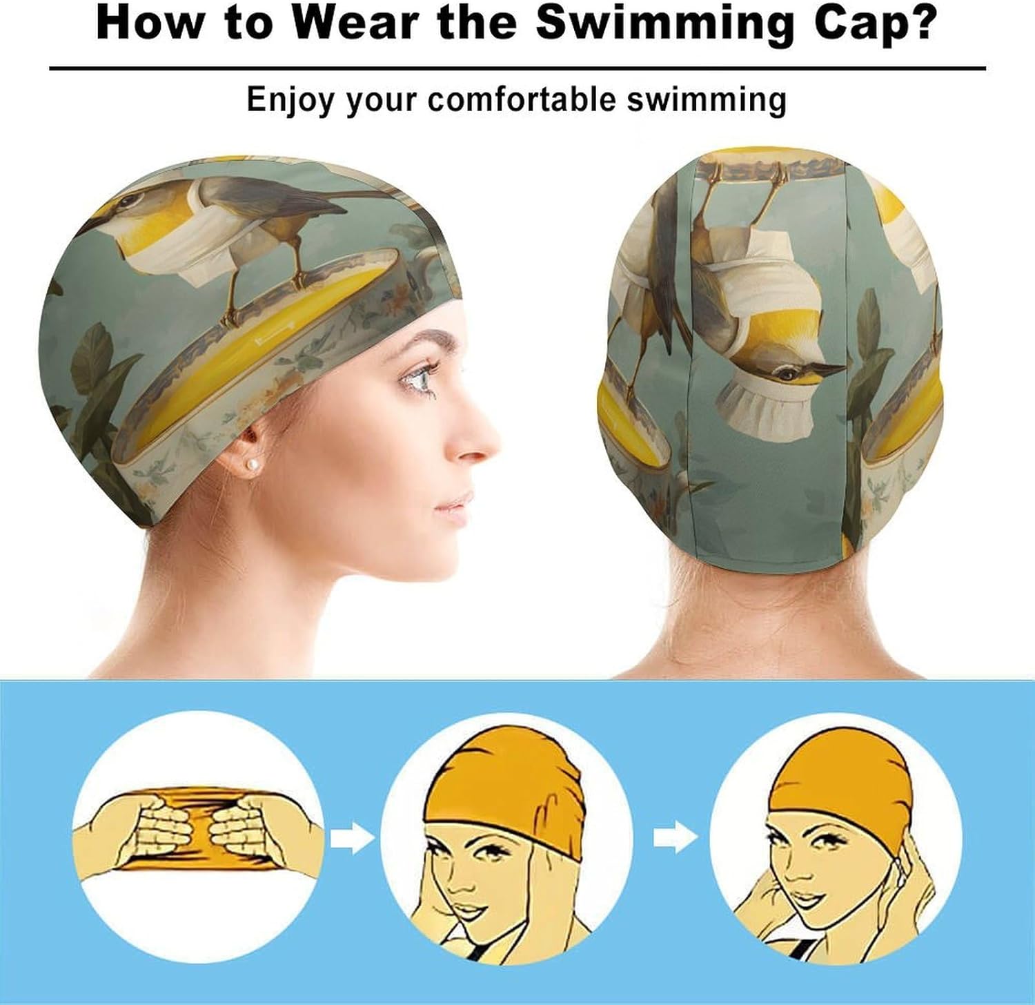 Bird Chef Orange Juice Lemon Womens Swim Cap for Men Adult Swimming Hat Curly Short Medium Long Hair