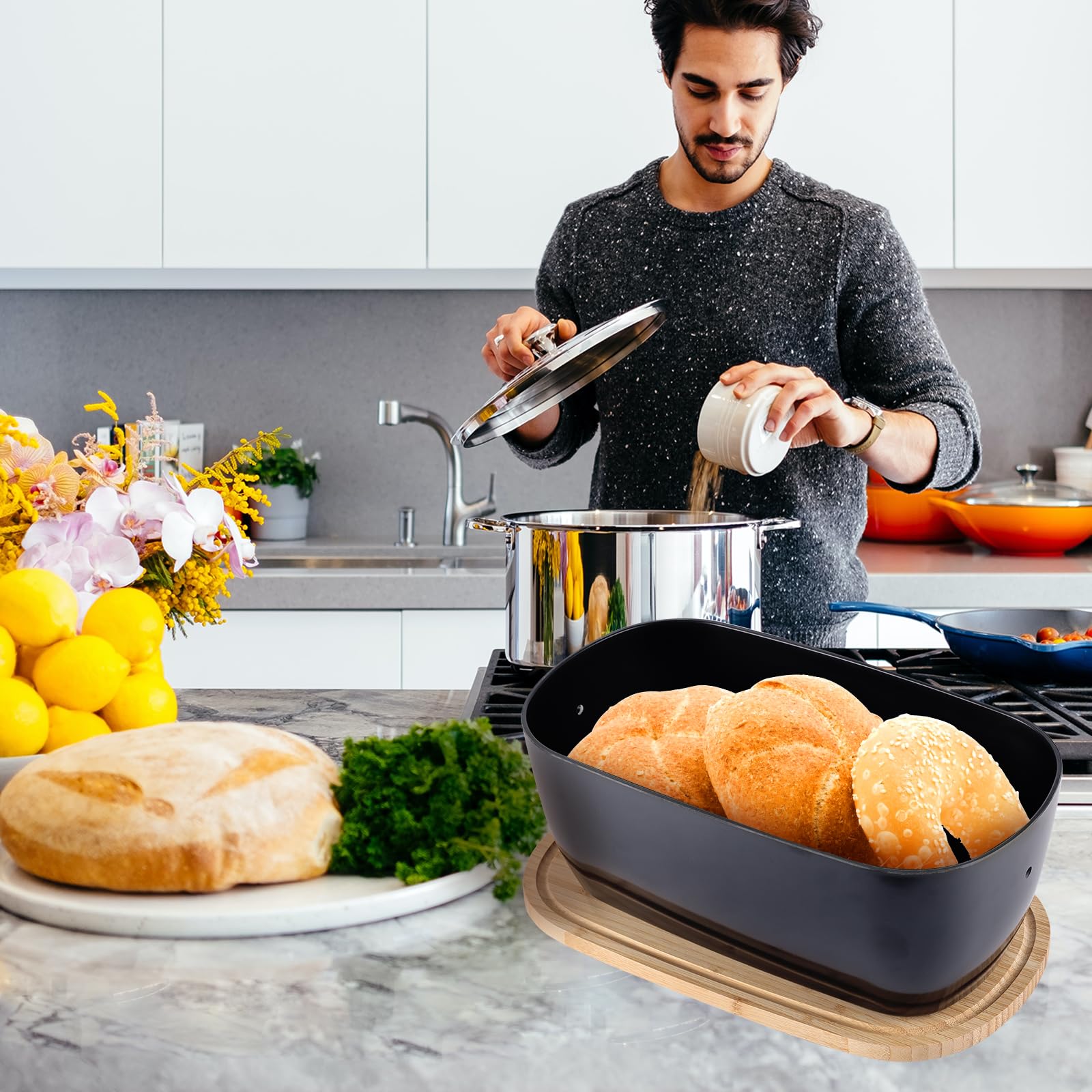 Panera para encimera de cocina, panera de fibra de bambú con tapa reversible para tabla de cortar