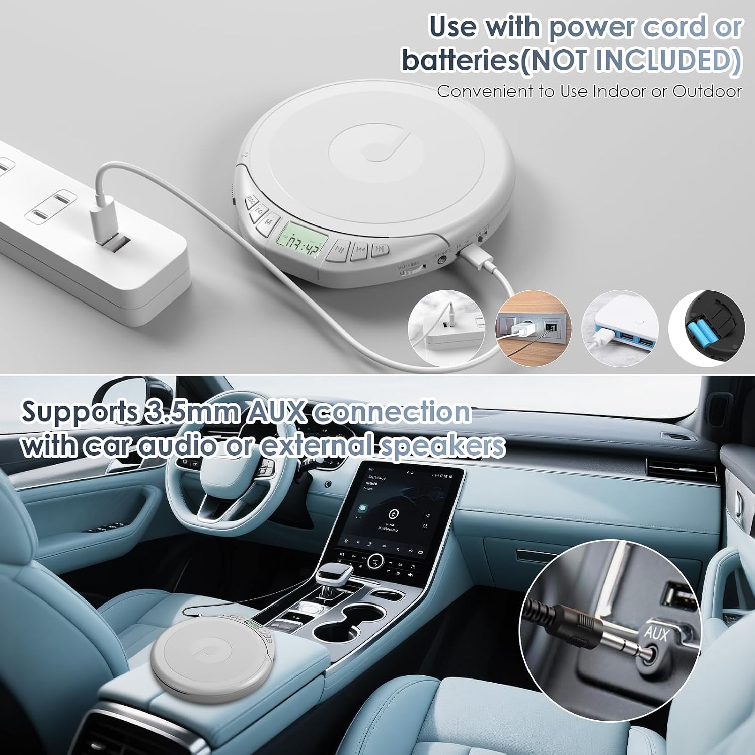 Gueray CD Player Portable CD Dsicman: with Earphones for Car with Anti-Skip Shockproof with LCD Display Support PROG Memory Repeat Function (Sliver)
