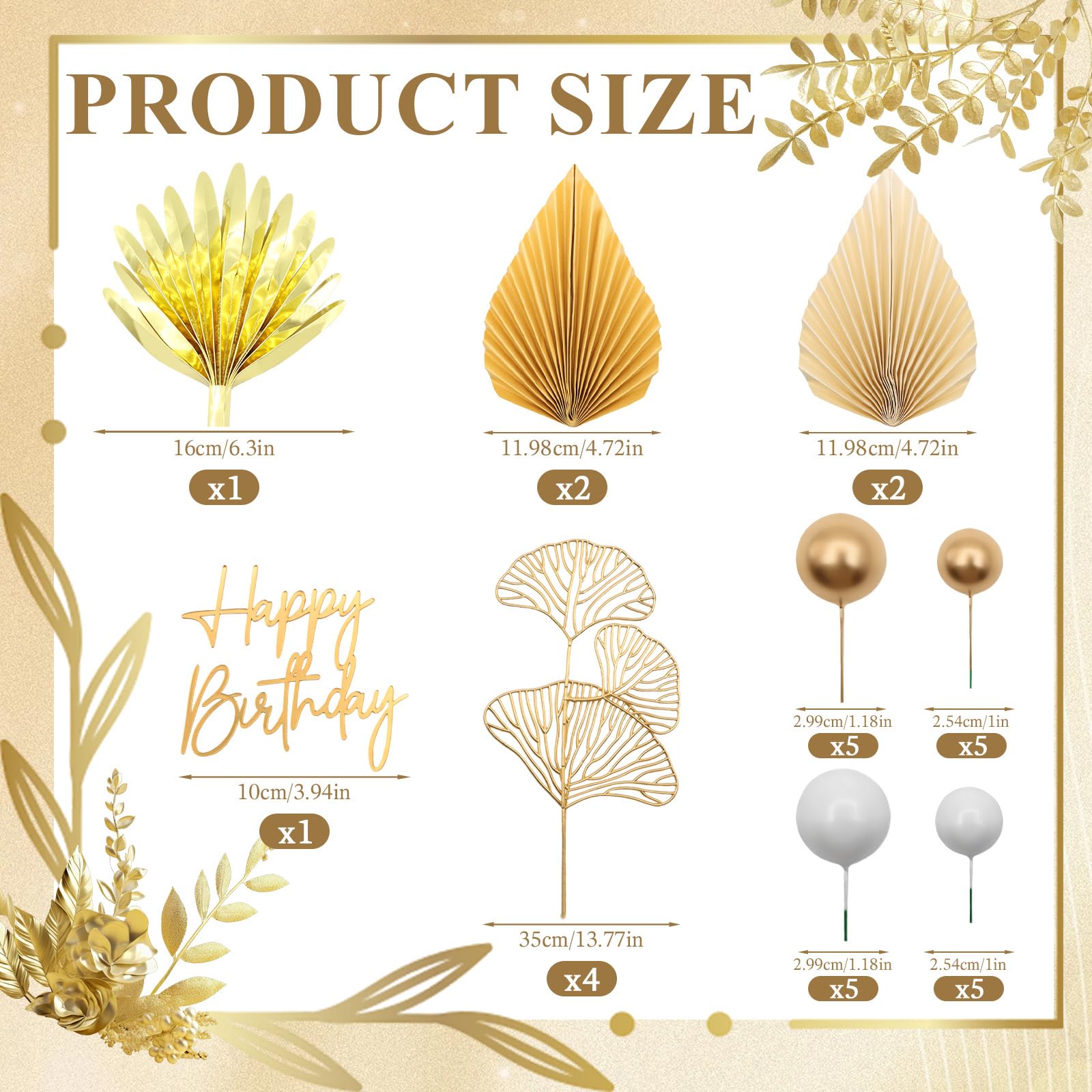 30 Pcs Gold Cake Decorations-Gold Palm Leaves Cake Decoration with 1 Acrylic Cake Topper - Image 2