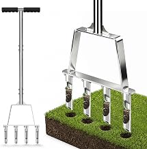 Stainless Steel Manual Lawn Aerator, 4 Hollow Tooth Lawn Aerator with Turf Plunger & Pipe Wrench, T-Handle for Compact, Clay and Sandy Soil