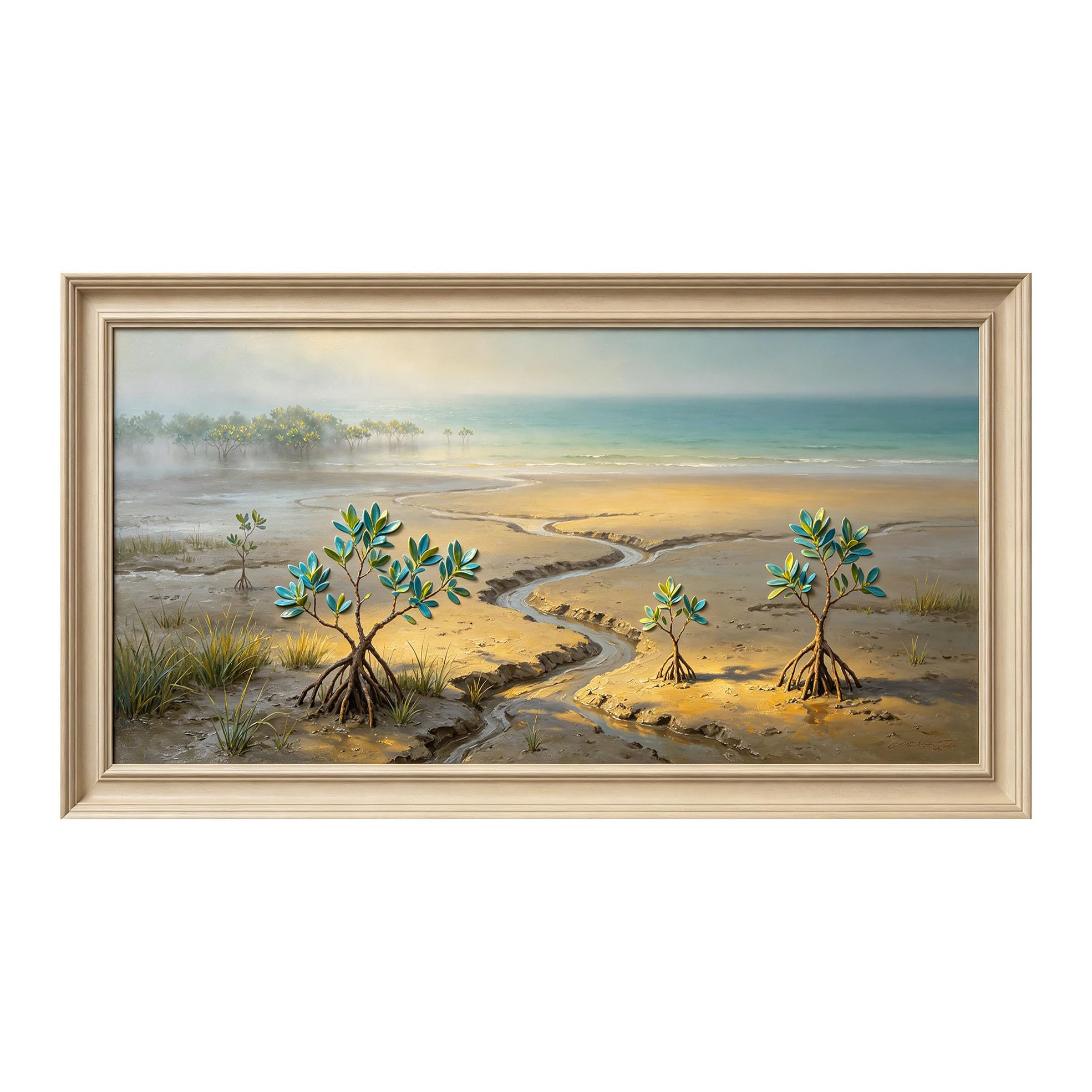 Yzpallescene 3D Framed Wall Art 50cm×100cm Coastal Seascape Mangrove Oil Painting Large Size SelfAdhesive Removable Wall Decor Prints Artwork for Living Room Bedroom Office