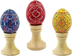 Religious Gifts Set of 3 Ukrainian Wooden Hand Painted Easter Pysanky Eggs on Egg Stands 3 1/2 Inch