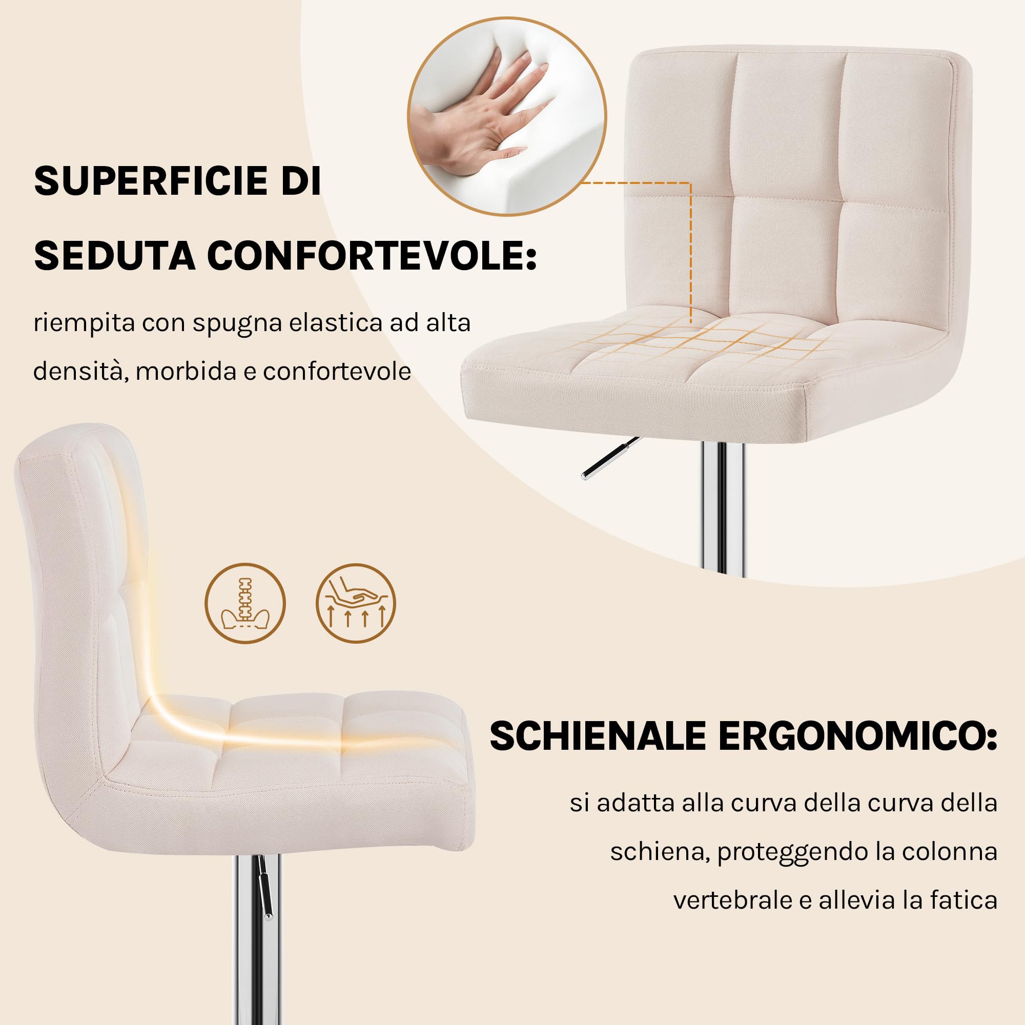 WOLTU Coppia Sgabelli da Bar, Sedia Alta Cucina con Schienale e Poggiapiedi, Moderni Design Sgabello Altezza Regolabile e Girevole, per penisola cucina, Bancone, Tessuto di Lino, Crema
