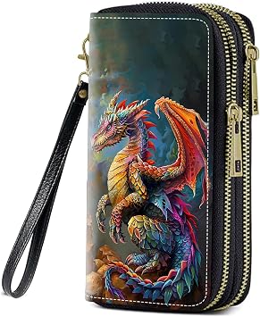 Colorful Dragon Print Women Large Capacity Wallet PU Leather Double Zipper Clutch Purse for Smart Phone/Card/Coin/Cash
