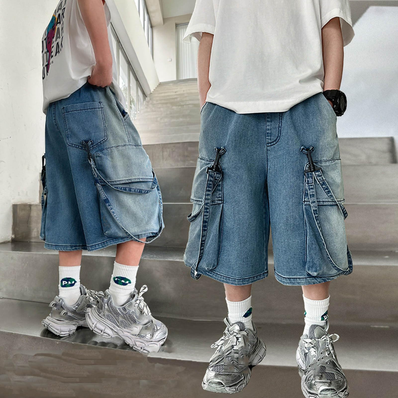 Bambini, Pantaloncini in Denim Effetto Consumato per Ragazzi con Finiture in Fettuccia Sfumata, Abbigliamento Estivo Casual E alla Moda per E Adolescenti, Stile Casual Chic