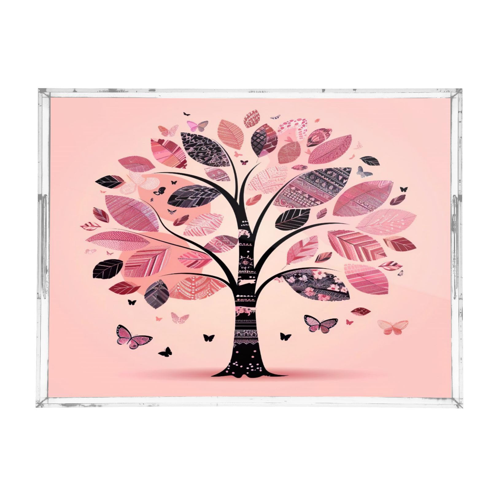 BOESI Graffiti Tree and Butterfly Pattern Acrylic Decorative Dining Tray, Acrylic Decorative Tray Organizer with Handle for Kitchen, Dining Room, Bathroom, Dresser