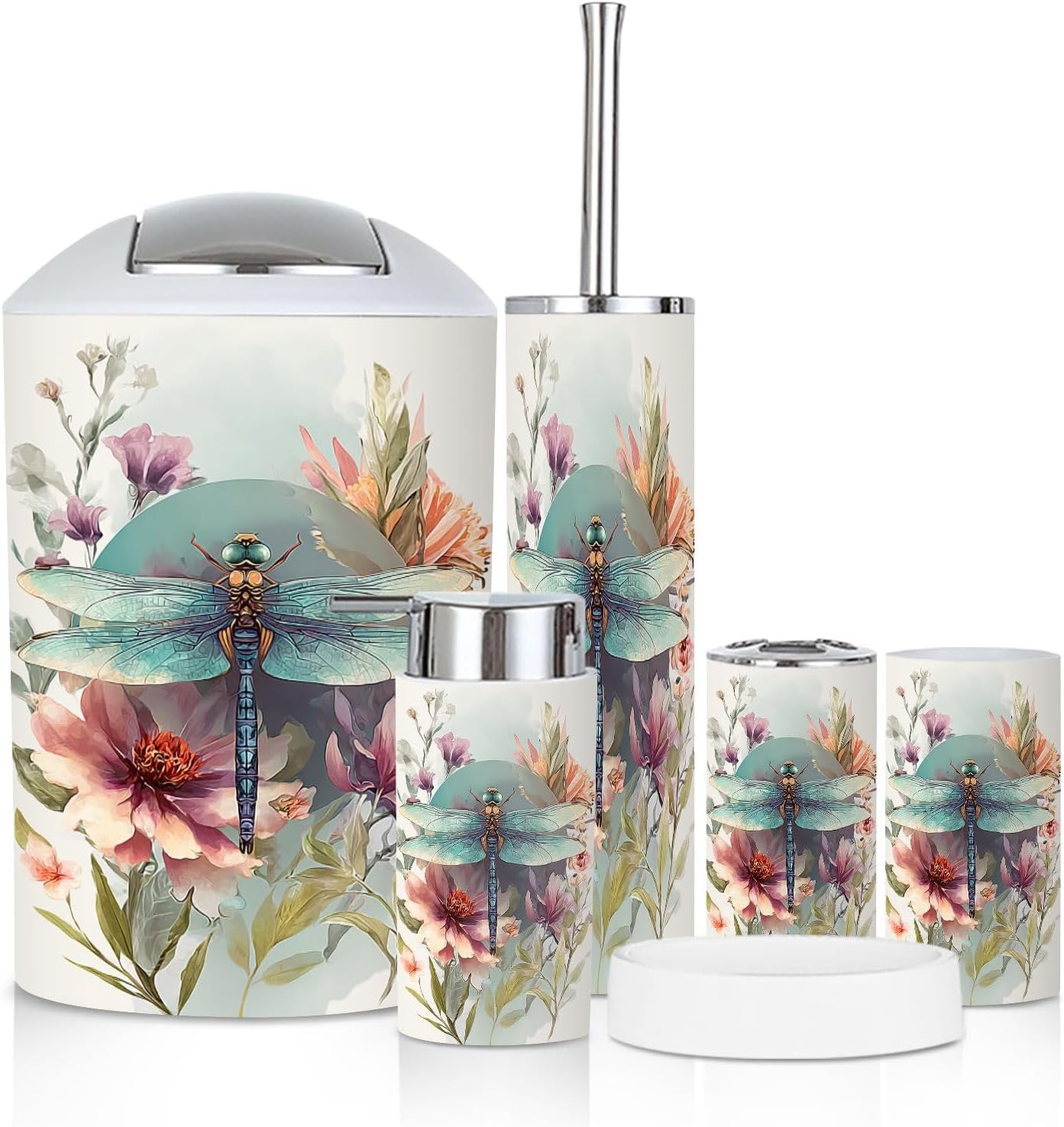 Bathroom Accessory Set 6 Piece Watercolor Dragonfly White Trash can, Toothbrush Holder, Soap Dispenser, Soap Dish, Toothbrush Cup, Toilet Brush Holder