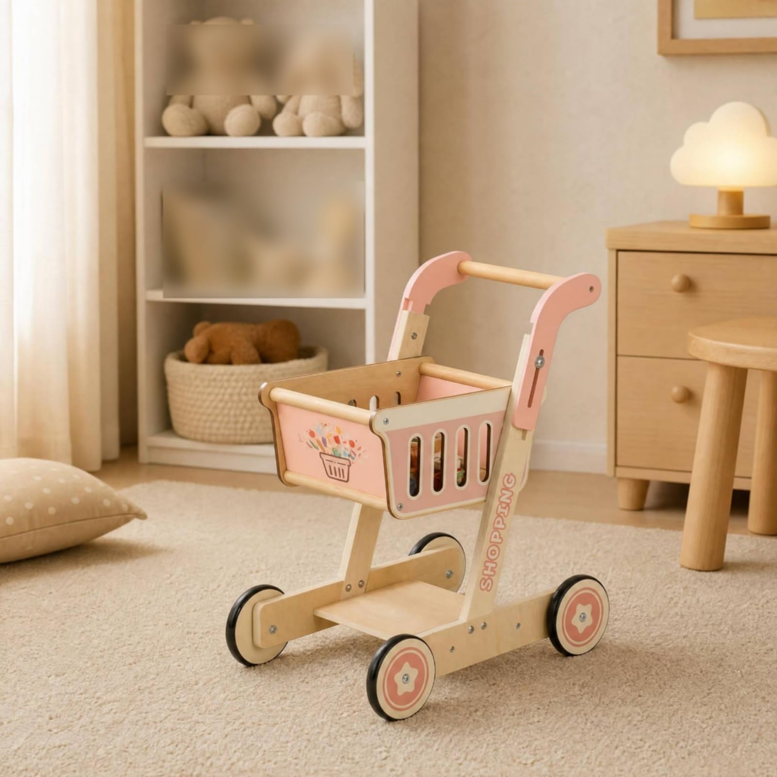 Carrello Shopping Giocattolo Carrello Spesa Giocattolo Bordi Arrotondati Legno Naturale per Bambini