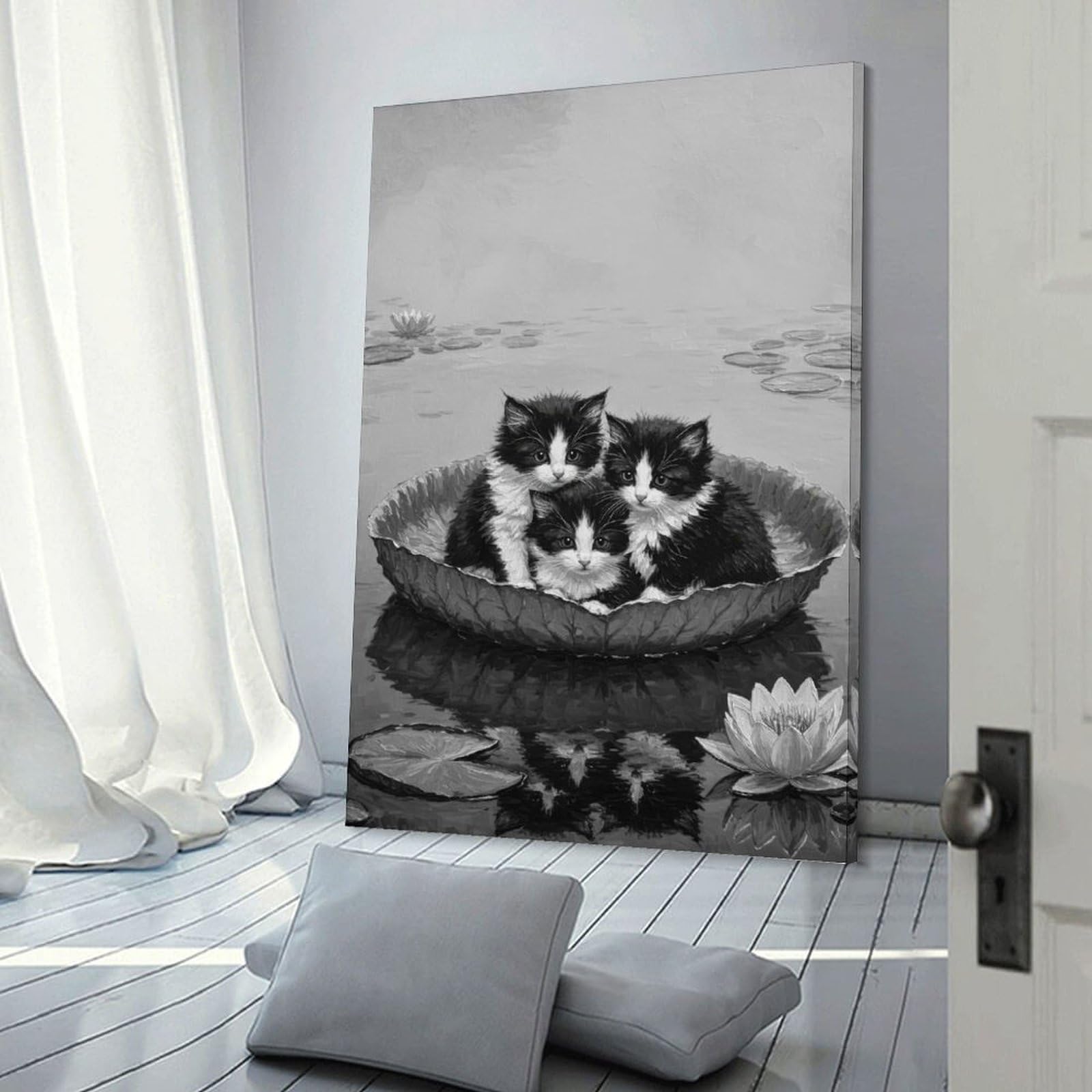 Junmoney Frame-Style-19 Three Kittens In A Lily Pad Canvas Wall Decor, 12X18inch(30X45cm), For Wall Displays, Bedrooms Or Room Updates, Wall Decor Suited To Curated Displays