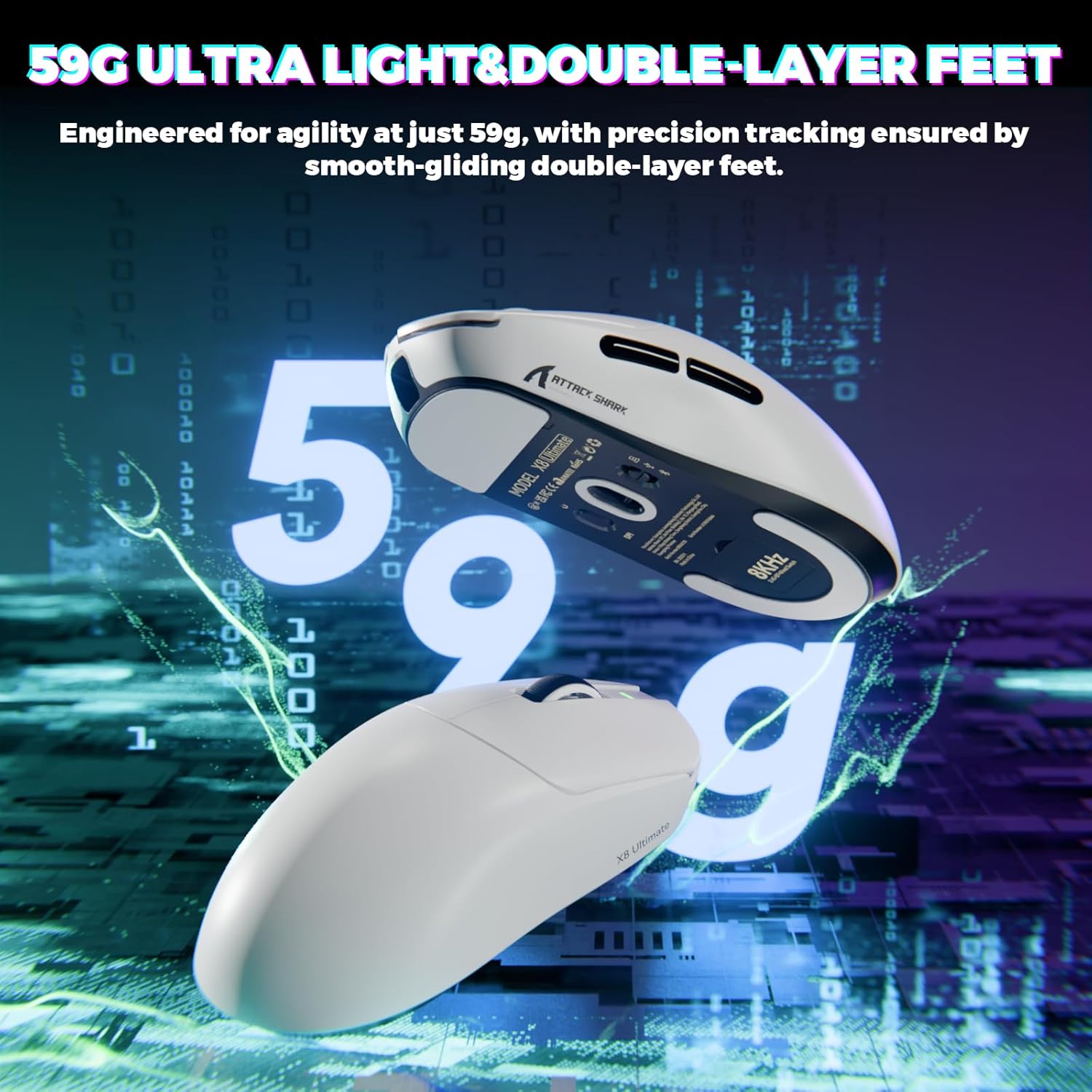 ATTACK SHARK X8 Ultimate Wireless Gaming Mouse,55g Ultra-Lightweight BT/2.4GHz Wireless/Wired Mouse,8K Polling Rate,PixArt PAW3950MAX Sensor,42000 DPI,800mAh Battery,Gamer Mice for PC/Win/Mac(White)
