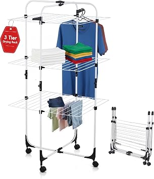 3 Tier Clothes Drying Rack, Foldable Laundry Clothes Airer Indoor & Outdoor