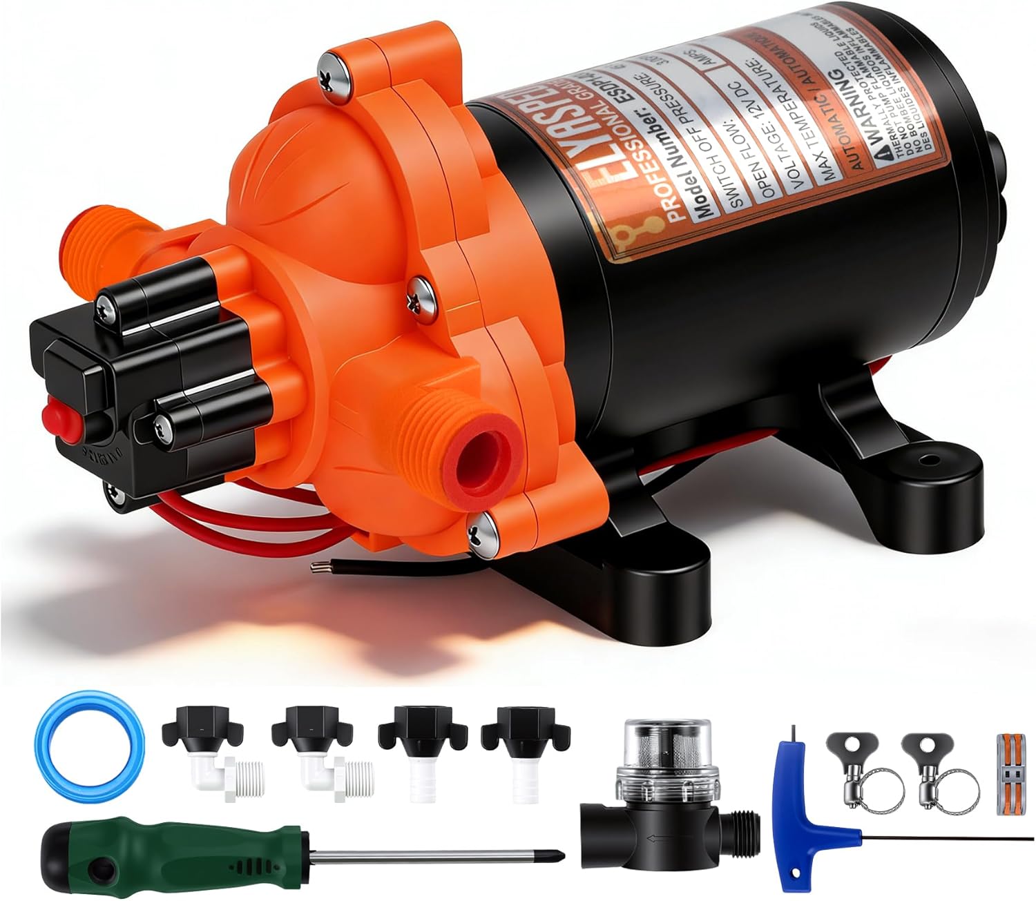 Upgraded 12V RV Pump, On Demand Self-priming RV Water Pressure Pump, 3.0GPM, 45PSI with Pressure Switch, Shock Absorption without Noise, for Marine, RV, and Water Systems