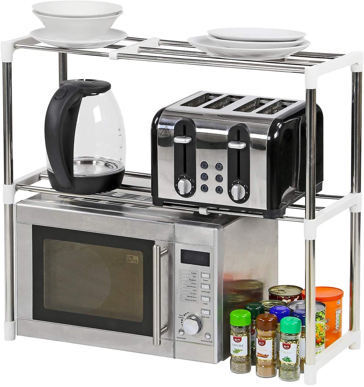 Greenfields Silver 2 Tier Kitchen Storage Rack - Adjustable Shelf For Microwave Oven | Stainless Steel Space Saver Shelving - Extendable Countertop Spice Rack For Jar Plates Pots
