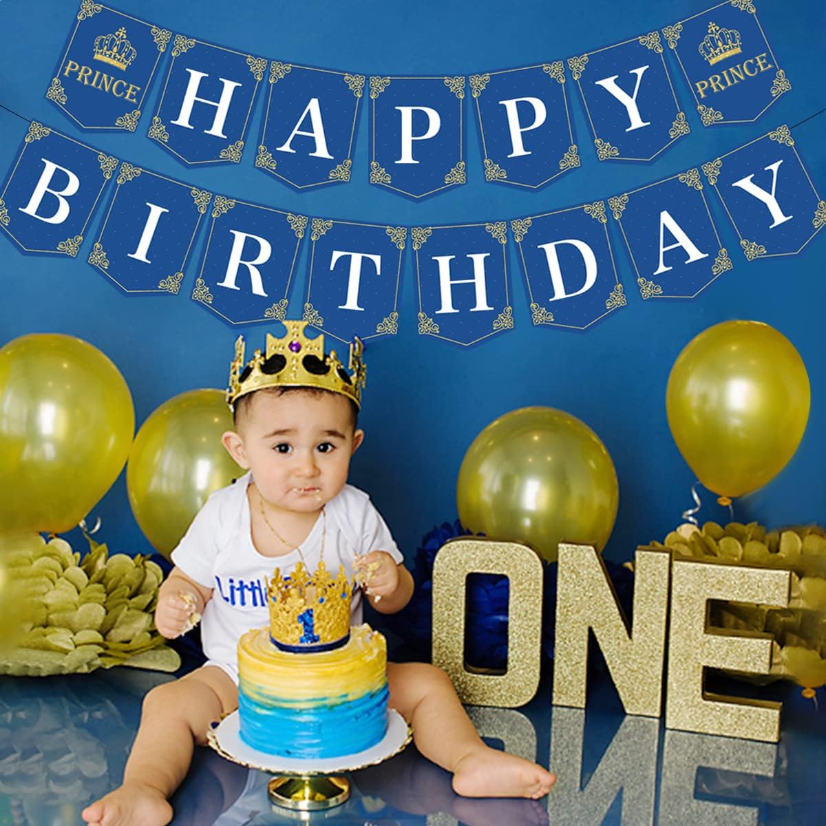 Royal Prince Birthday Banner for Boy, Happy Birthday Bunting Sign Garland Navy Blue Gold Glittery Prince Birthday Party Decorations Photography Backdrop