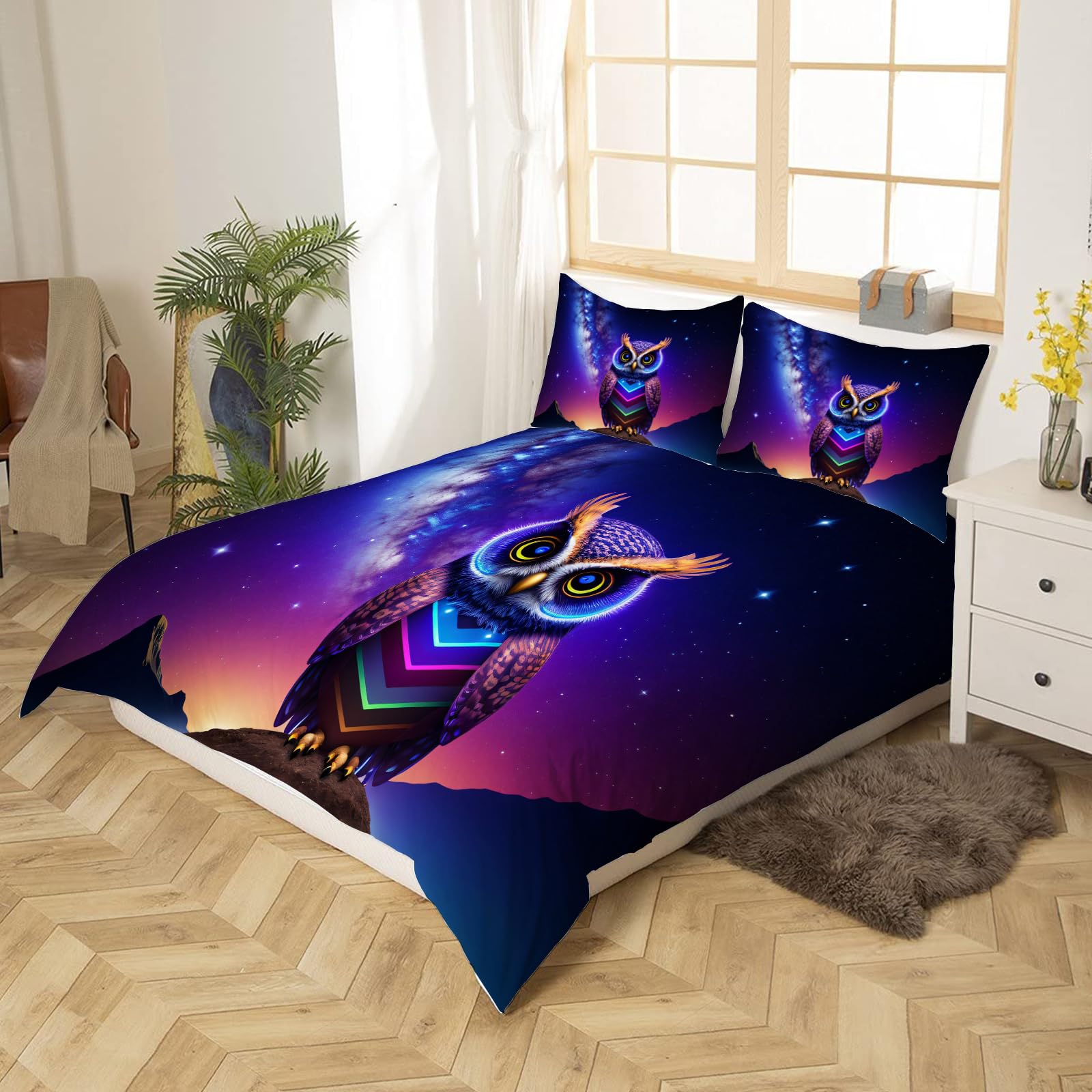 BiTnat Set di Biancheria da Letto Gufo Uccello, 3 Pezzi, Set Copripiumino Piazza e Mezza 200x200 cm Bambini e Adolescenti Copripiumini in Microfibra 2 Federe 50x80 cm con Cerniera