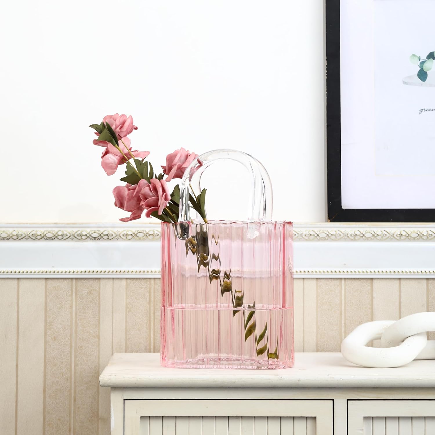 Purse Vase, Pink Glass Bag Vase, Glass Purse Vase for Flowers, 11.2 Inch Large Flower Vases, Ribbed Vases for Wedding, Living Room, Bedroom, Table, Office