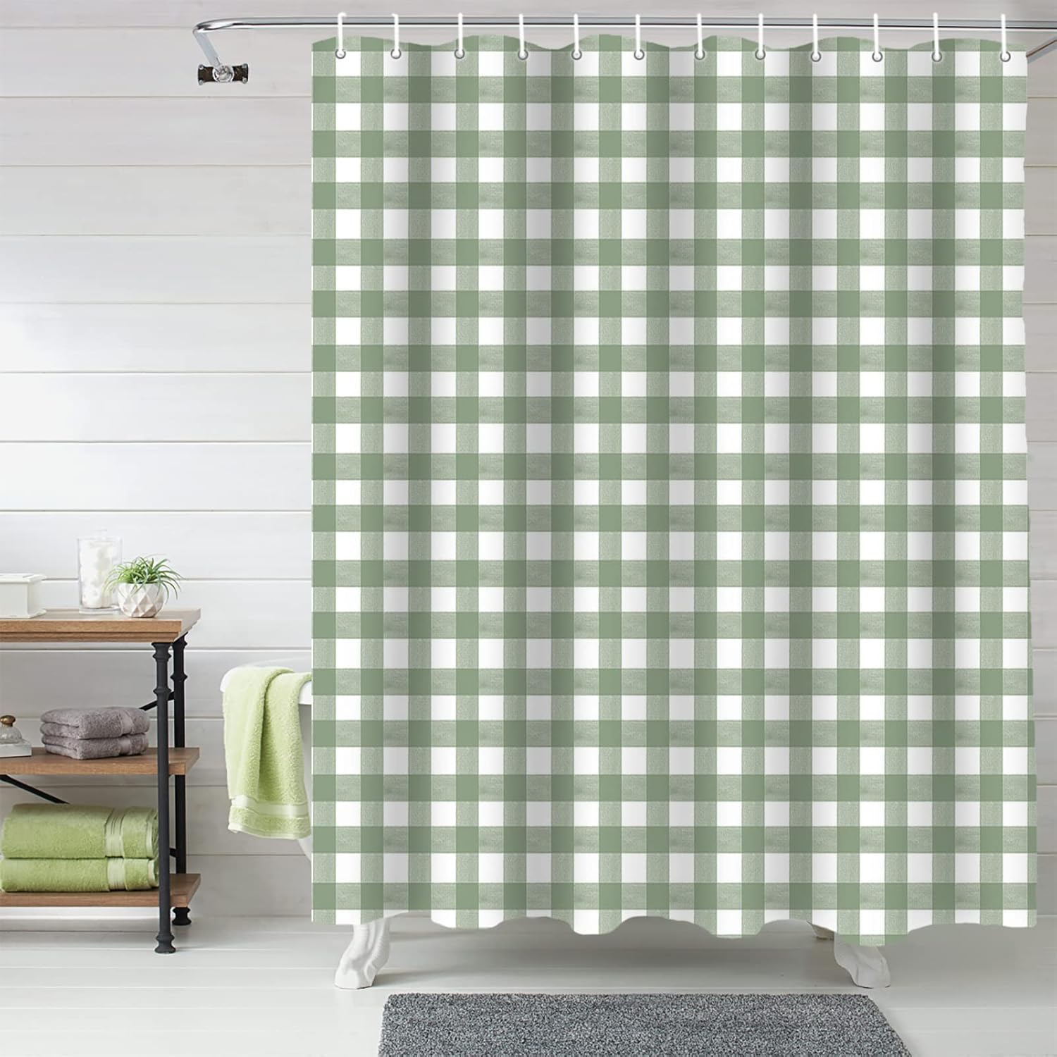 Sage Green Buffalo Plaid Shower Curtain with 12 Hooks Farmhouse Green White Checkered Waterproof Fabric Shower Curtains Sets for Bathroom Bath Decorations, Machine Washable, 66"x72"