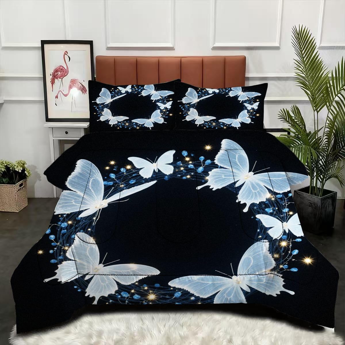 Couette tempérée douce 200x200 lavable en machine, parure microfibre motif papillon 3 pièces