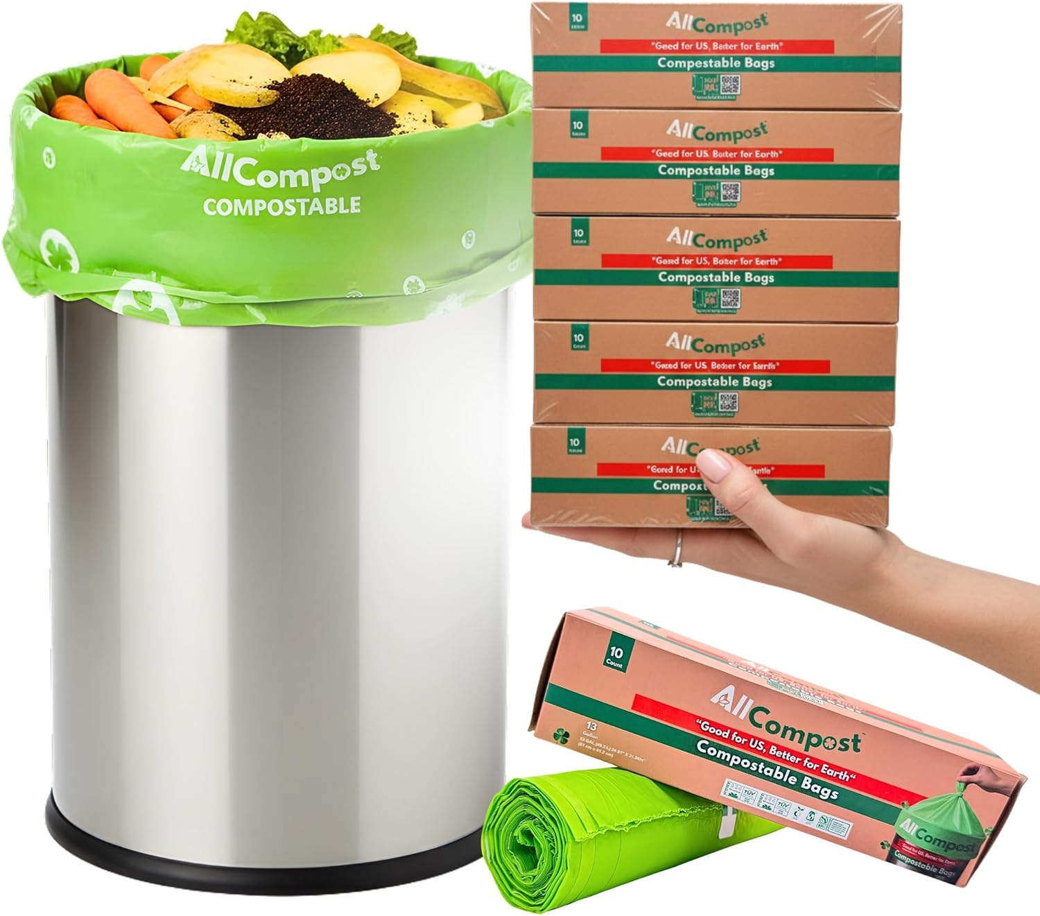 Compostable Trash Bags, 13 Gallon – Smart MultiBin Set 50 Count, Super Strong 0.9 Mil Leak Proof, BPI & OK Compost HOME Certified, ASTM D6400 -AllCompost